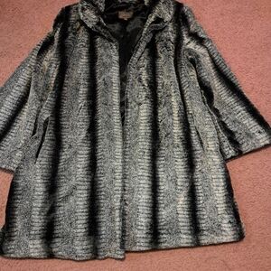 Elegant Black and Gray Faux Fur Coat